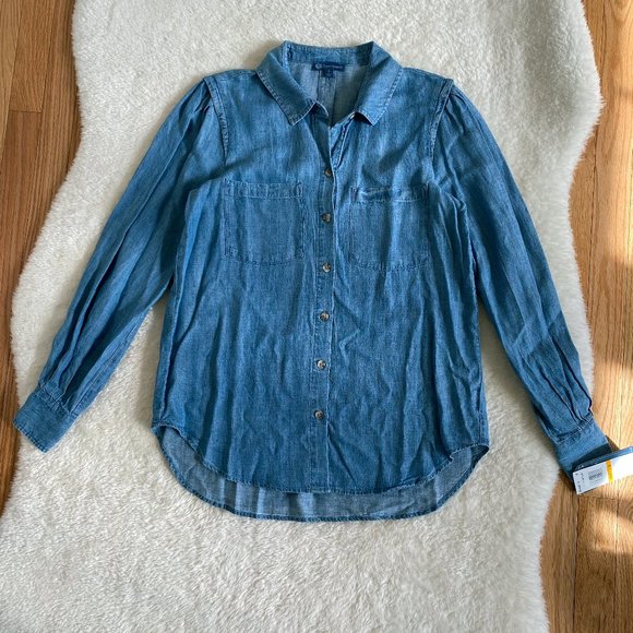 Democracy Women's Chambray Long Sleeve Button Down Top Light Blue Denim Small - Picture 2 of 7